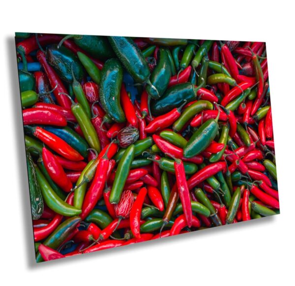 Farmers market wall art featuring red and green hot peppers from the Petaluma Farmers Market – spicy produce photo by Roger Elliott