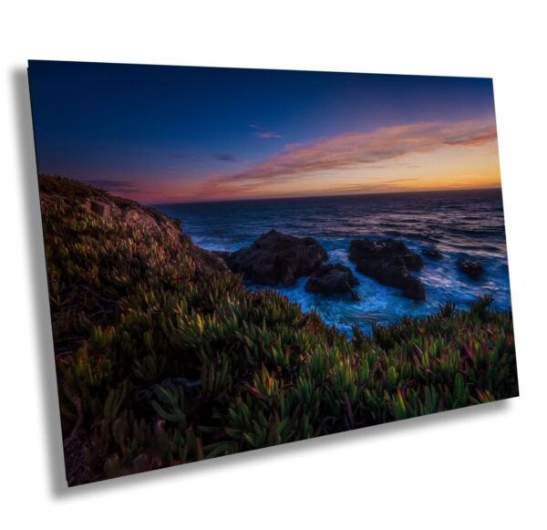 California coastline wall art with sunset over the Sonoma Coast near Salmon Creek – ocean waves, cliffs, and vibrant ice plants