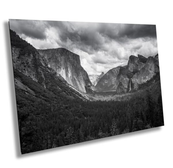 A black and white photo of mountains with trees in the foreground.