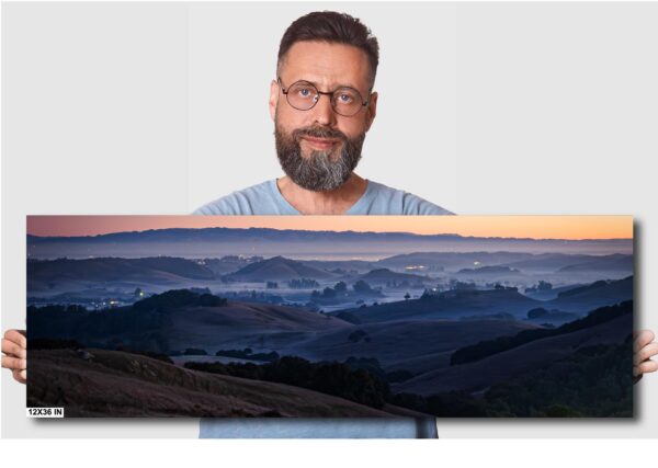A man with glasses and beard in front of a picture.