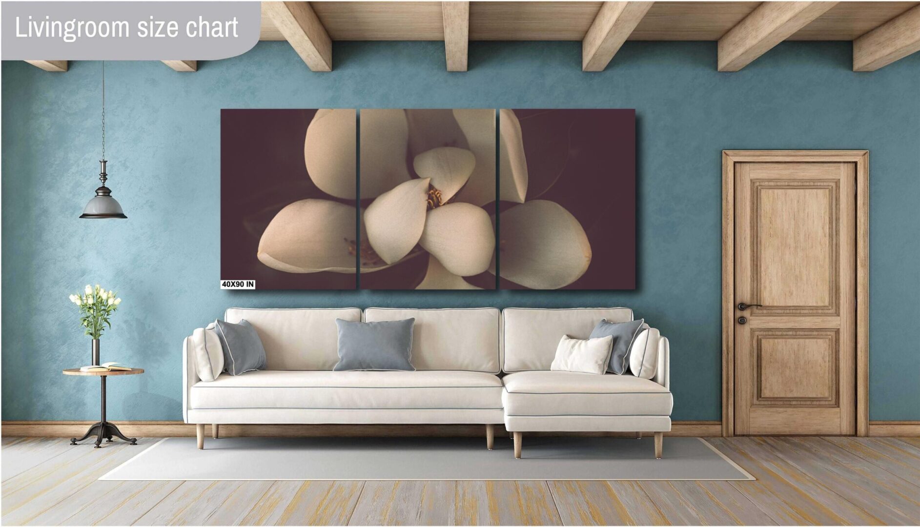 A living room with a couch and a wall hanging