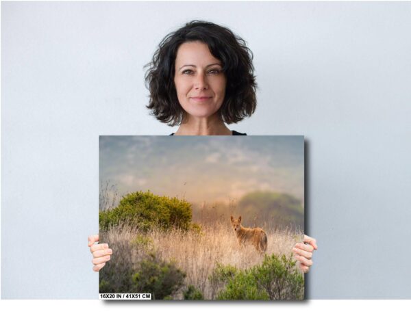 A woman holding up an image of a deer.