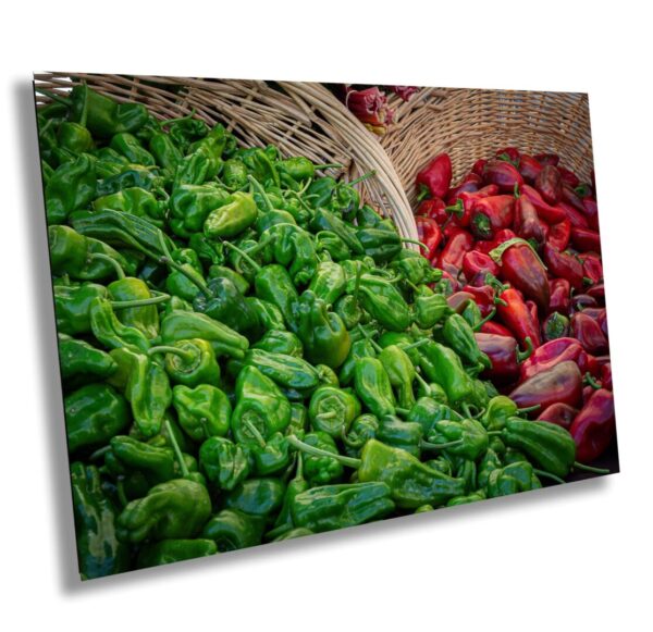 Petaluma Farmers Market kitchen wall art featuring green and red peppers in rustic woven baskets – farm-fresh produce photo by Roger Elliott