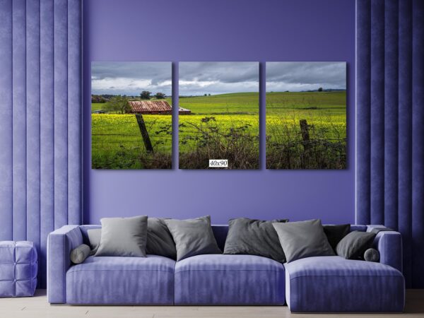 A couch and some pillows in front of a wall with three pictures.