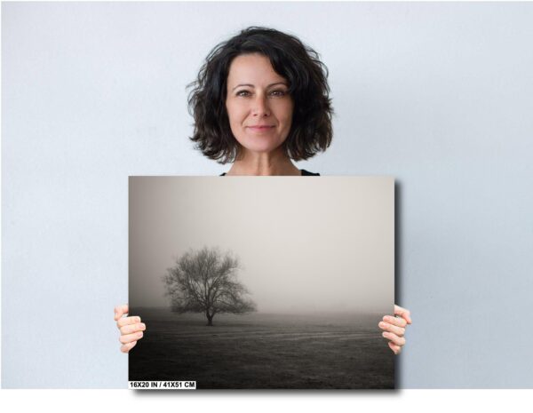 A woman holding up a picture of a tree in the middle of nowhere.