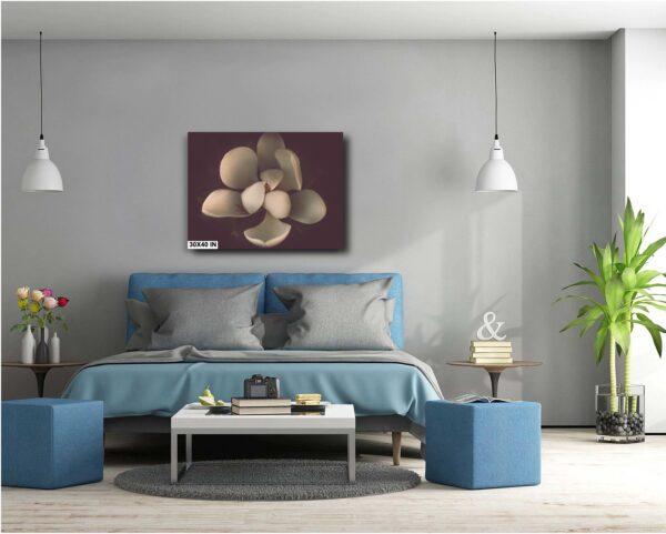 A bedroom with a blue bed and white walls