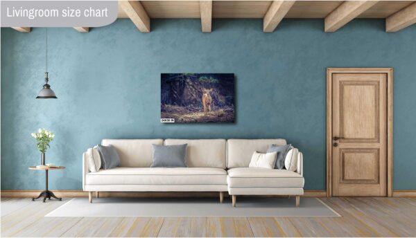A painting of a dog on the wall above a couch.