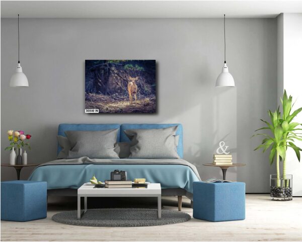 A painting of a dog on the wall above a bed.