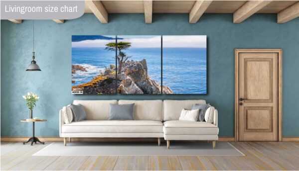 A living room with a couch and a large painting