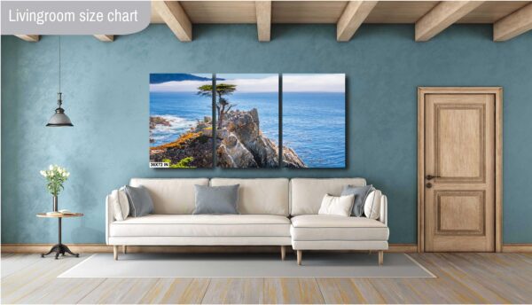 A living room with a couch and a large painting
