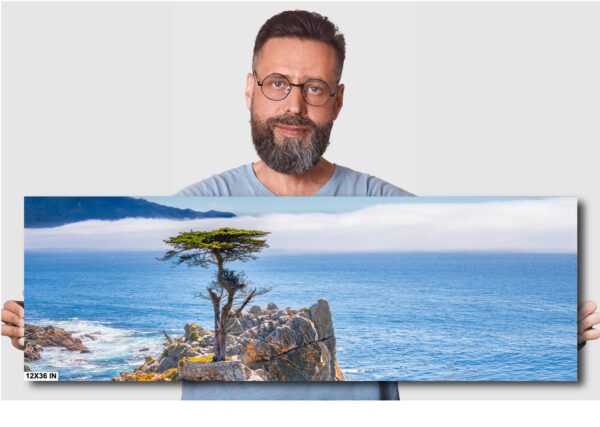 A man is standing in front of a picture of the ocean.