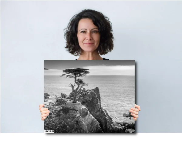 A woman holding up a picture of the ocean.