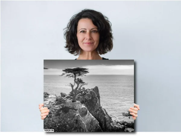 A woman holding up a picture of the ocean.
