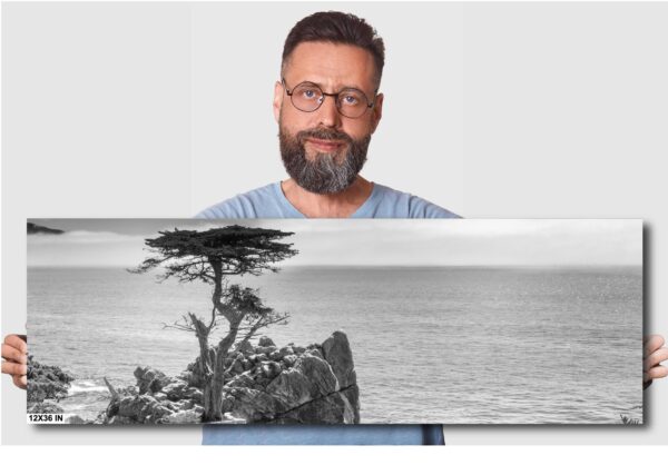A man standing next to an ocean with trees in the background.
