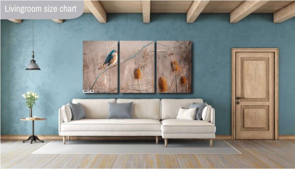A living room with a couch and some paintings