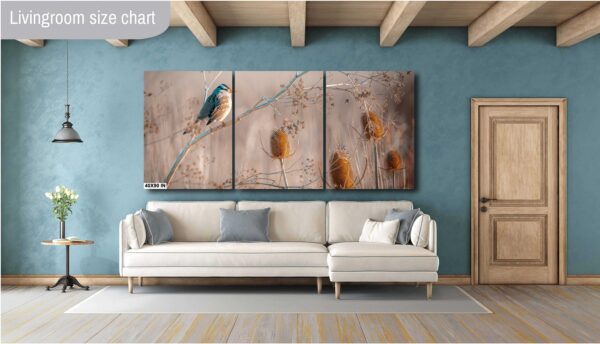 A living room with a couch and a wall hanging