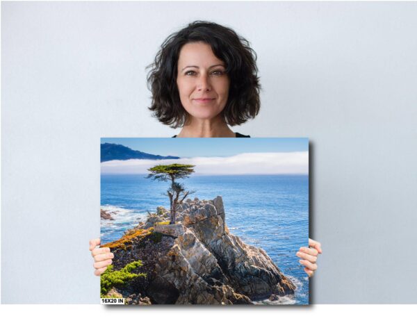 A woman holding up a picture of the ocean.