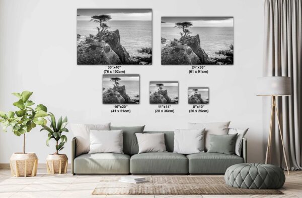 A living room with couch and pillows, and two pictures of the same scene.