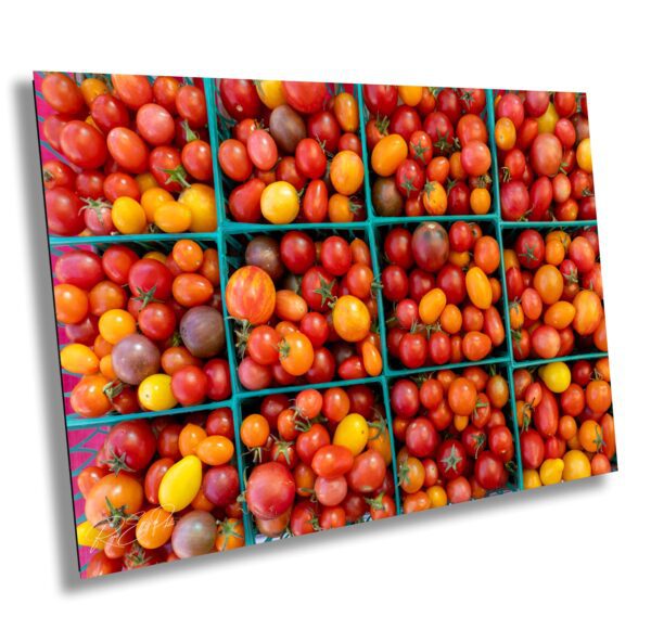 Petaluma Farmers Market kitchen wall art featuring baskets of heirloom cherry tomatoes in red, yellow, and purple – food photography print by Roger Elliott