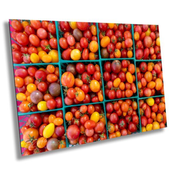 Petaluma Farmers Market kitchen wall art featuring baskets of heirloom cherry tomatoes in red, yellow, and purple – food photography print by Roger Elliott