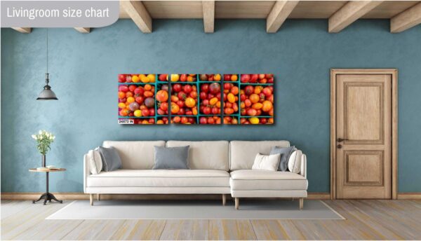 A living room with a couch and a wall of fruit