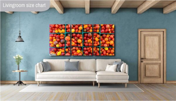 A living room with a couch and wall of tomatoes