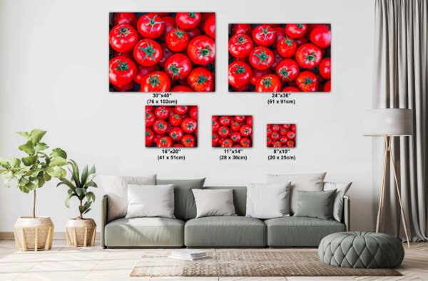 A living room with couch and pillows, tomatoes on the wall.