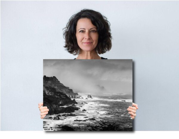 A woman holding up a picture of the ocean.