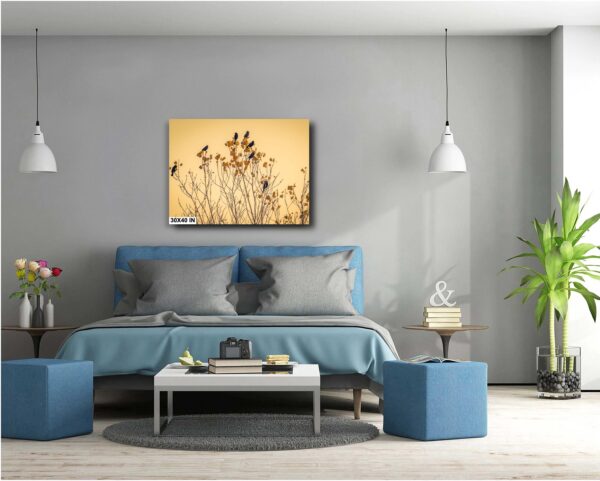 A bedroom with a blue bed and gray walls