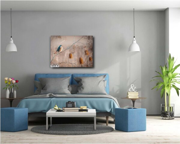 A bedroom with a bed, lamps and a painting.