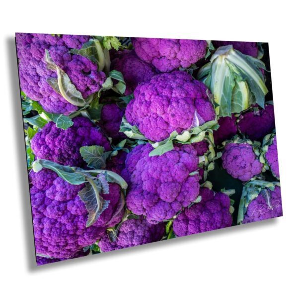 Farmers market wall art featuring bold purple cauliflower at the Petaluma Farmers Market – colorful food photography by Roger Elliott