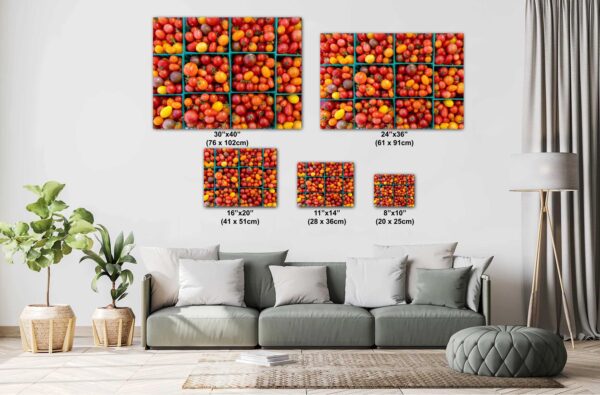 A couch with pillows and a painting of tomatoes.