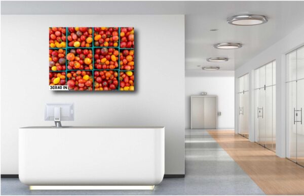 A white bathroom with a bunch of fruit on the wall
