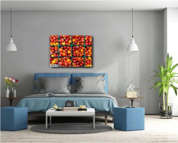 A bedroom with blue walls and a bed