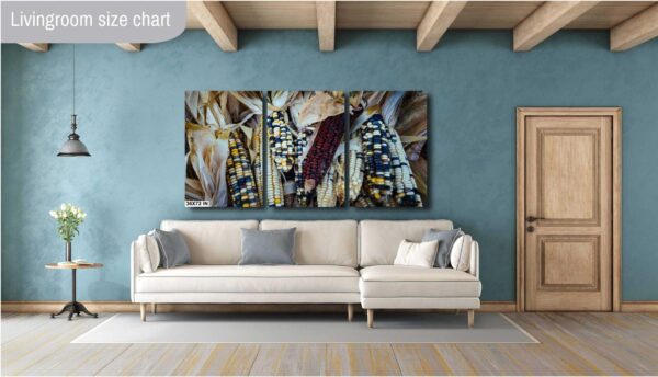 A living room with a couch and a wall hanging