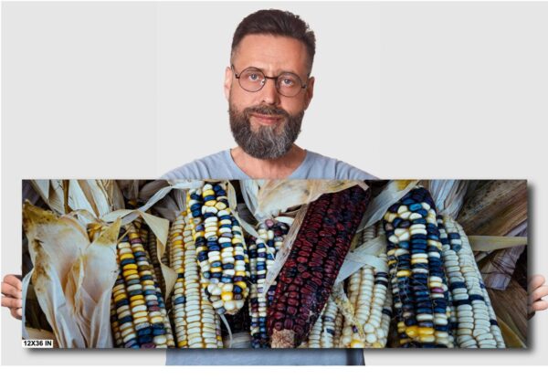 A man standing next to many corn cobs.