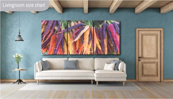 A living room with couches and a large painting of vegetables.