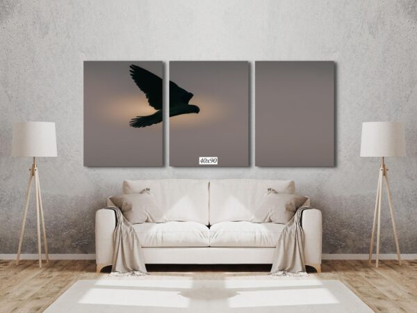 A couch and pillows in front of a wall with three pictures on it.