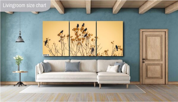 A living room with a couch and a wall hanging