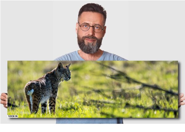 A man standing next to a picture of an animal.