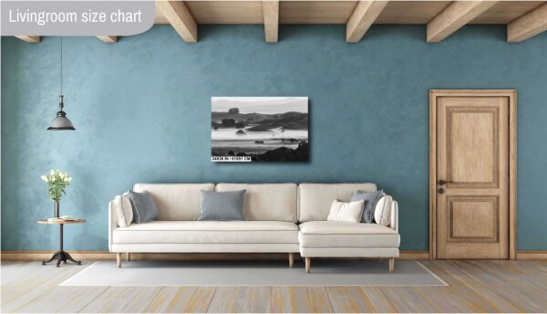 Black and white image of fog rolling over hills and a farmhouse in Sonoma County, California